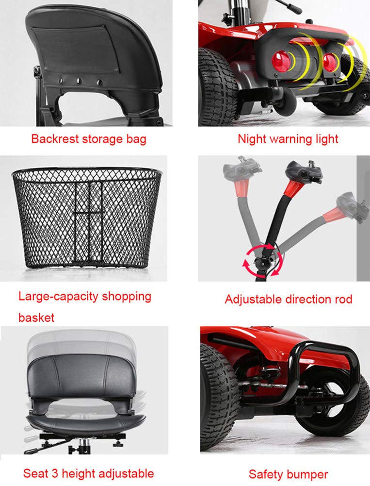 Silla de ruedas liviana, ruedas livianas, scooter eléctrico para adultos, scooter de movilidad eléctrica, scooter de viaje para personas mayores, plegable, pasamanos que se puede abrir, asiento de 4