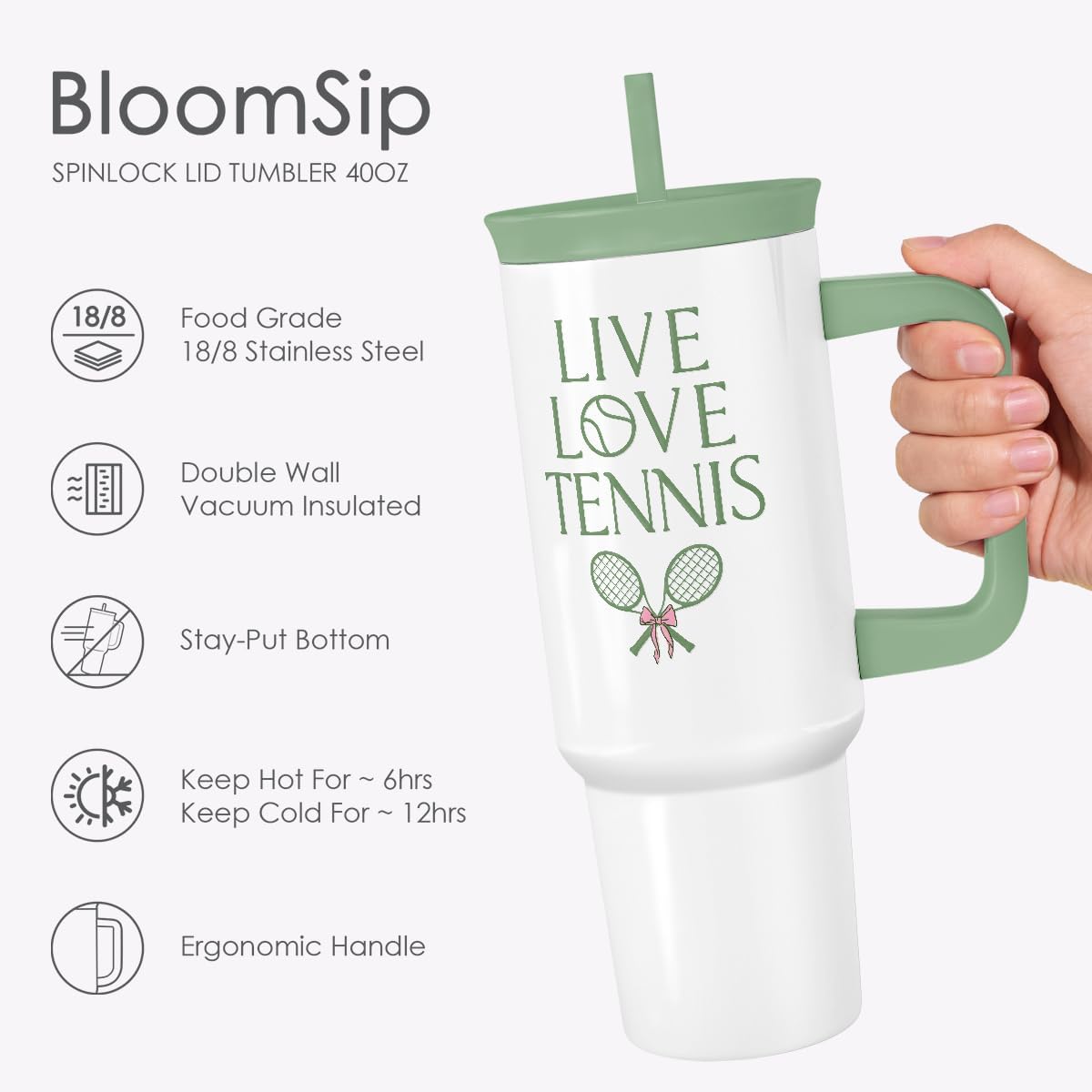 SANDJEST Tennis Stainless Steel Locking Lid Silicone Straw Tumbler with Handle 40oz, Live Love Tennis Insulated Stainless Steel Travel Cup for Women Coachs Players, Gift Idea for Birthday Christmas