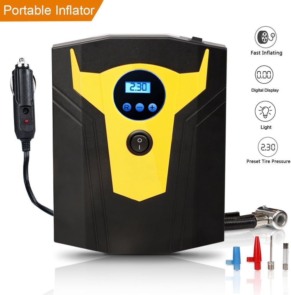 ARTINTO portáil Air Compressor, Digital Tyre Inflator Pump With LED Light – 12 V 150PSI Pressure Preset Auto Power Off, 3 Nozzles for Air, Ball/Bike/Inflatable Mattress/Motorcycle