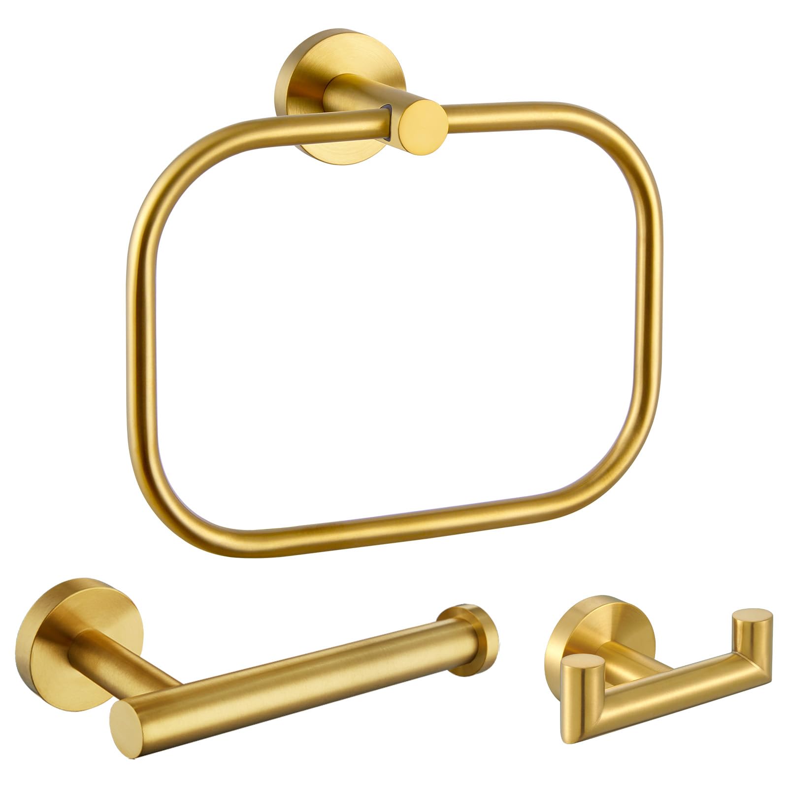 Angle Simple Round Double Towel Hook Bundle with Toilet Paper Holder, Square Towel Ring (Brushed Gold)