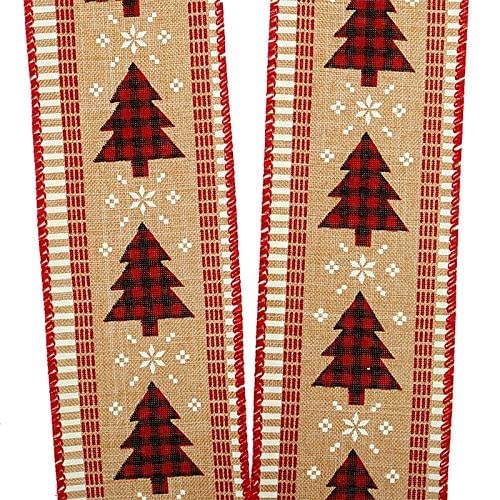 Image of Buffalo Plaid Christmas Trees Ribbon - 2 1 /2 inch x 10 Yards, Wired Edge, White Snowflakes, Glitter, Buffalo Check, Black, Red, Natural, Decor for Wreaths, Garlands, Bows