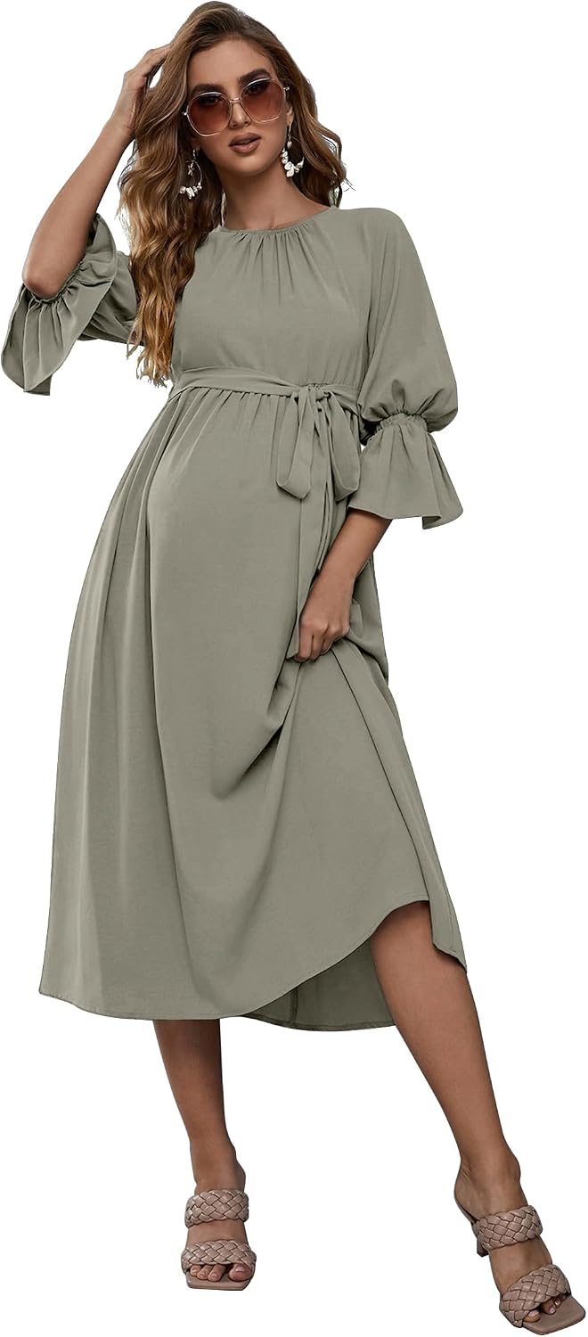 Maternity Dress Womens Crew Neck Ruffle Sleeve Belted Dress Casual A-Line Flowy Dress for Photoshoot Baby Shower LongOlive S