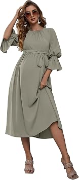 Maternity Dress Womens Crew Neck Ruffle Sleeve Belted Dress Casual A-Line Flowy Dress for Photoshoot Baby Shower LongOlive S