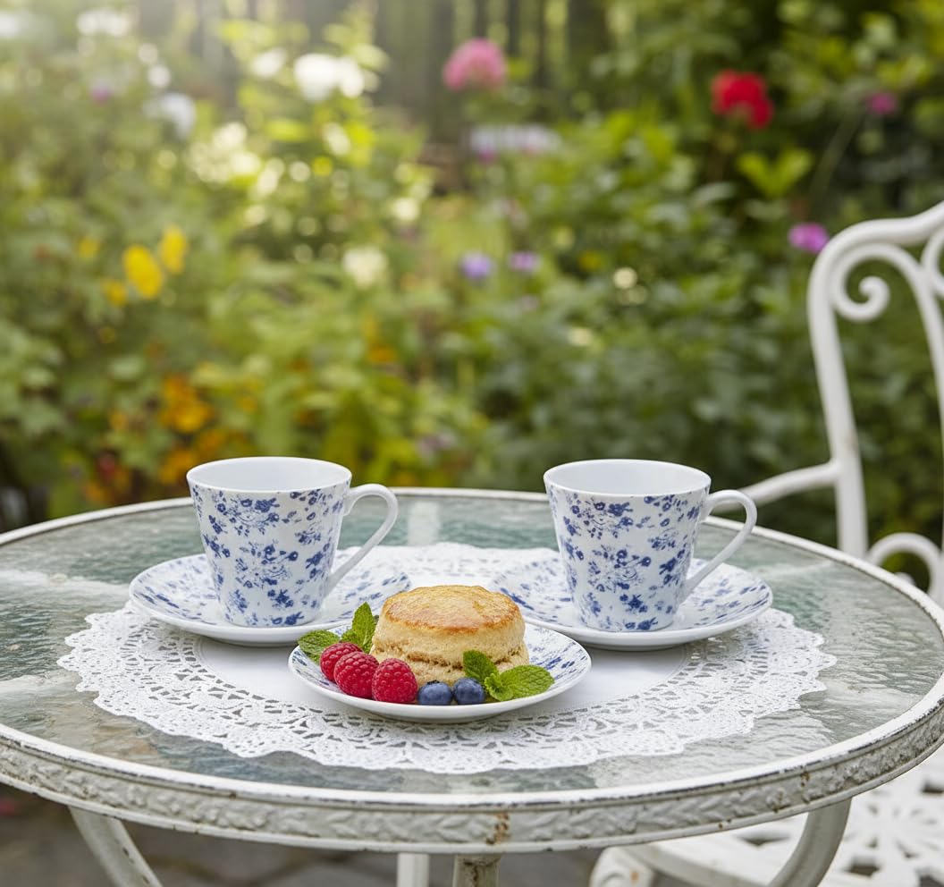 Service à café 6 petites tasses 90 ml avec assiette, céramique blanche avec fleurs bleues vintage, passe au lave-vaisselle et au micro-ondes, pour invités de fête