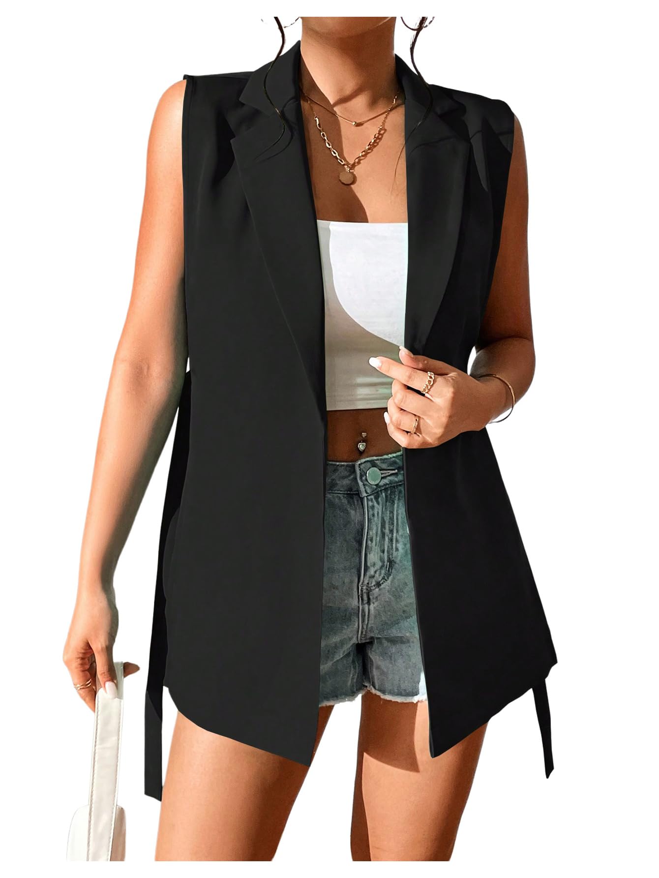 OYOANGLE Womens Sleeveless Blazer Vest Open Front Knot Side Work Office Long Suit Jacket