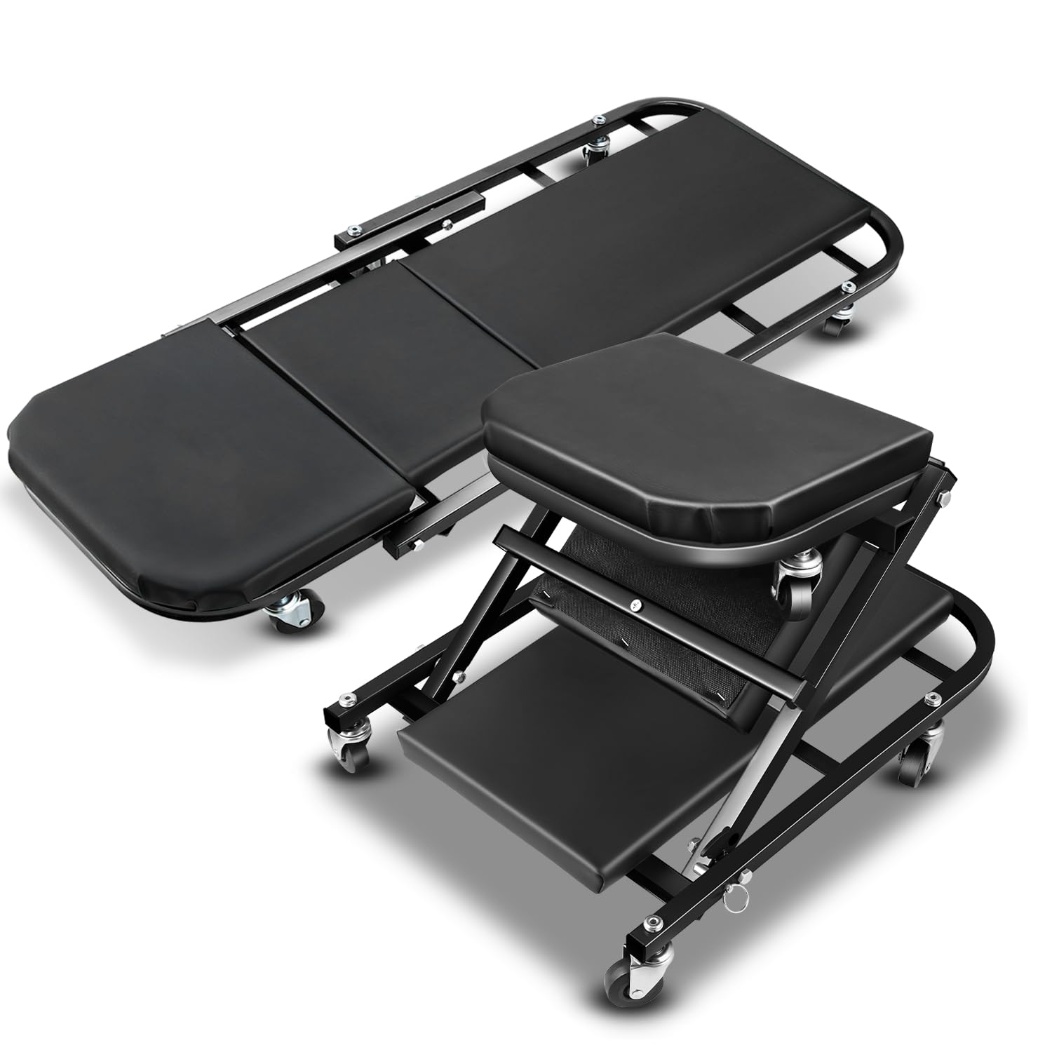 Auto Dynasty 40" Z-Creeper Seat, 2-in-1 Foldable Garage Creeper Shop Seat, 330 LBS Capacity Automotive Mechanic Repair Under Car Rolling Creeper Seat, Black