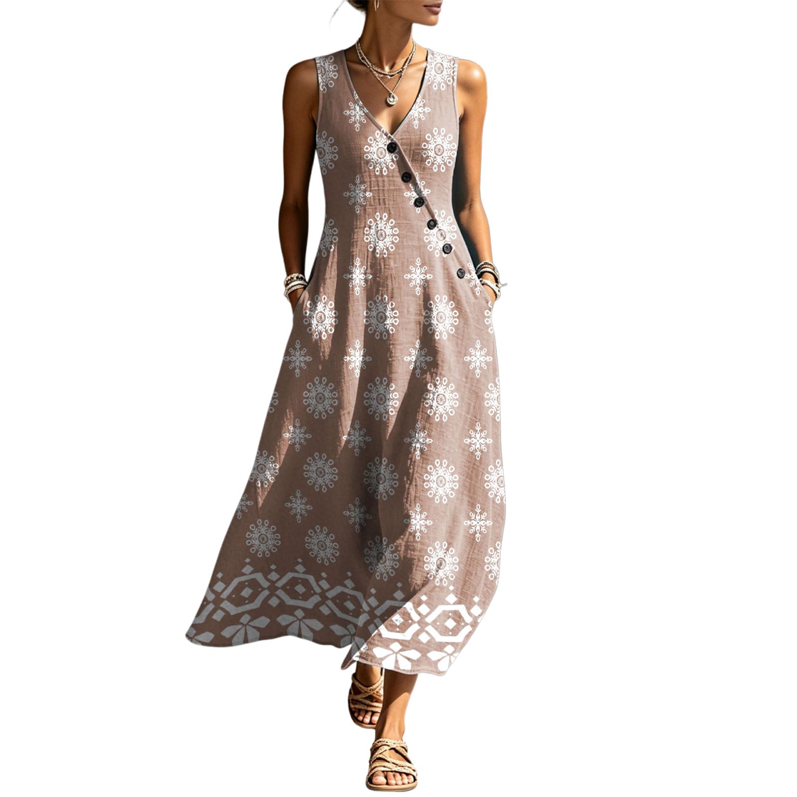 Generico Vestiti Estivi Donna Abito Estivo Donna Lungo Scollo a V con Stampa Casual Vestiti Senza Maniche Abiti Lunghi Cotton Comodo Morbido e Traspiranti Mare Vacanze Estive Spiaggia Tutte Occasioni