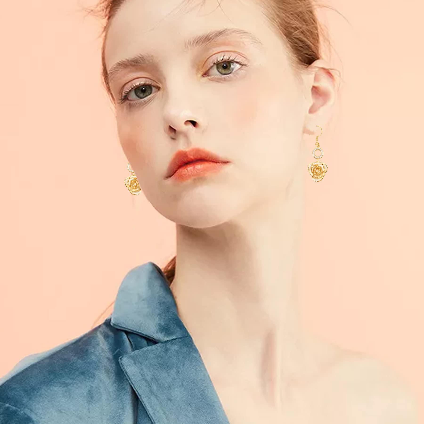 Gold-Plated Rose Earrings for Women,Fashion Rose Earrings Best Gift for Wife Mother on Valentines Day Anniversary Birthday