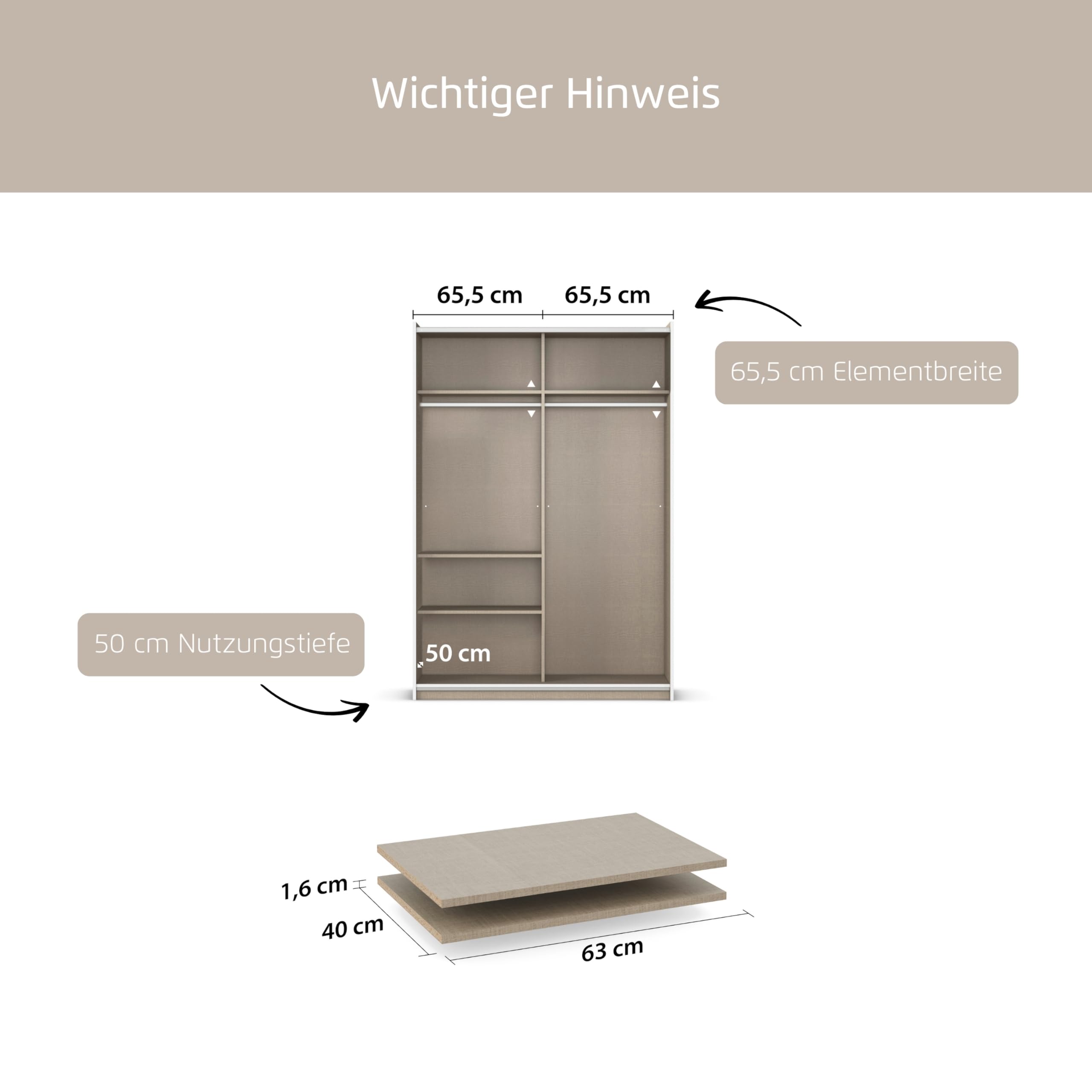Rauch Möbel Zubehör, Einlegeböden 2er-Set für Elementbreite 65 cm, Farbe Texline Leinenoptik, Maße 63x1,6x40cm