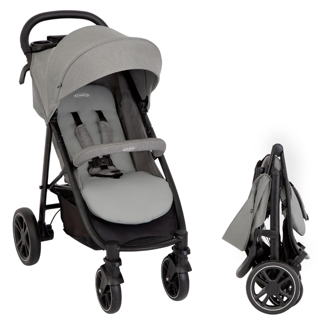 Graco EezeFold DLX Buggy Carrito Bebé Ligero de Viaje | Silla de Paseo con Plegado a una Mano - Suspensión en 4 Ruedas - Reclinado Total y Cesta Grande - Gris Lunar