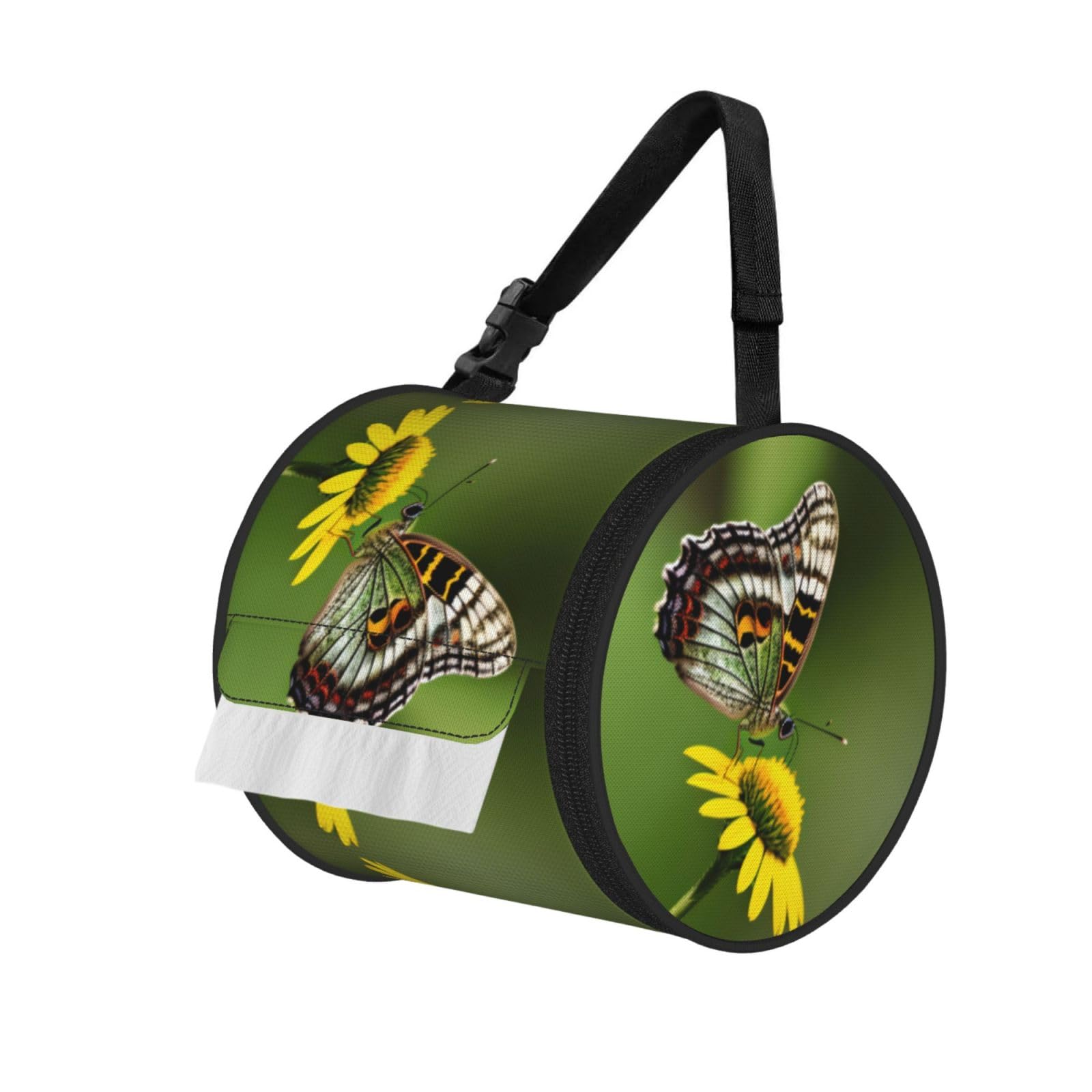Jiuty Black Beautiful Glowing Butterfly 1 Print Cylinder Tissue Organizer Bag With Strap, Portable Toilet Roll Holder For Camping Car
