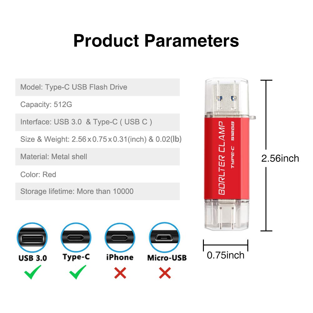 512GB Chiavetta USB 3.0 Tipo C, BorlterClamp 2 in 1 Pen Drive (USB C e USB 3.0) OTG Memoria Flash, USB Flash Drive per Tipo C Android Smartphone/Tablet/Computer (Rosso)