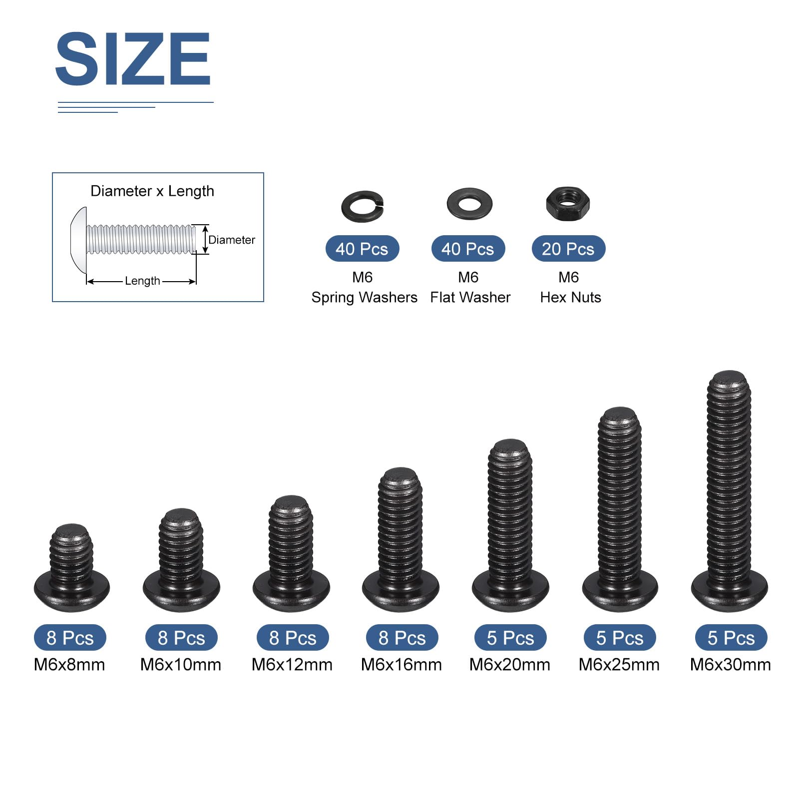 DTGN 147Pcs M6 Button Head Hex Socket Cap Screw - 8-30mm Bolt Nut Washer Assortment Kit Carbon Steel Black - Good for Machine Furniture - Image 2