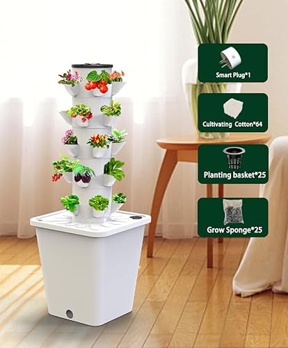 Miniatura 4 de Sjzx Kit de sistema de cultivo hidropónico, torre hidropónica de gran capacidad de 8 litros con 25 cápsulas, bomba de agua inteligente controlada