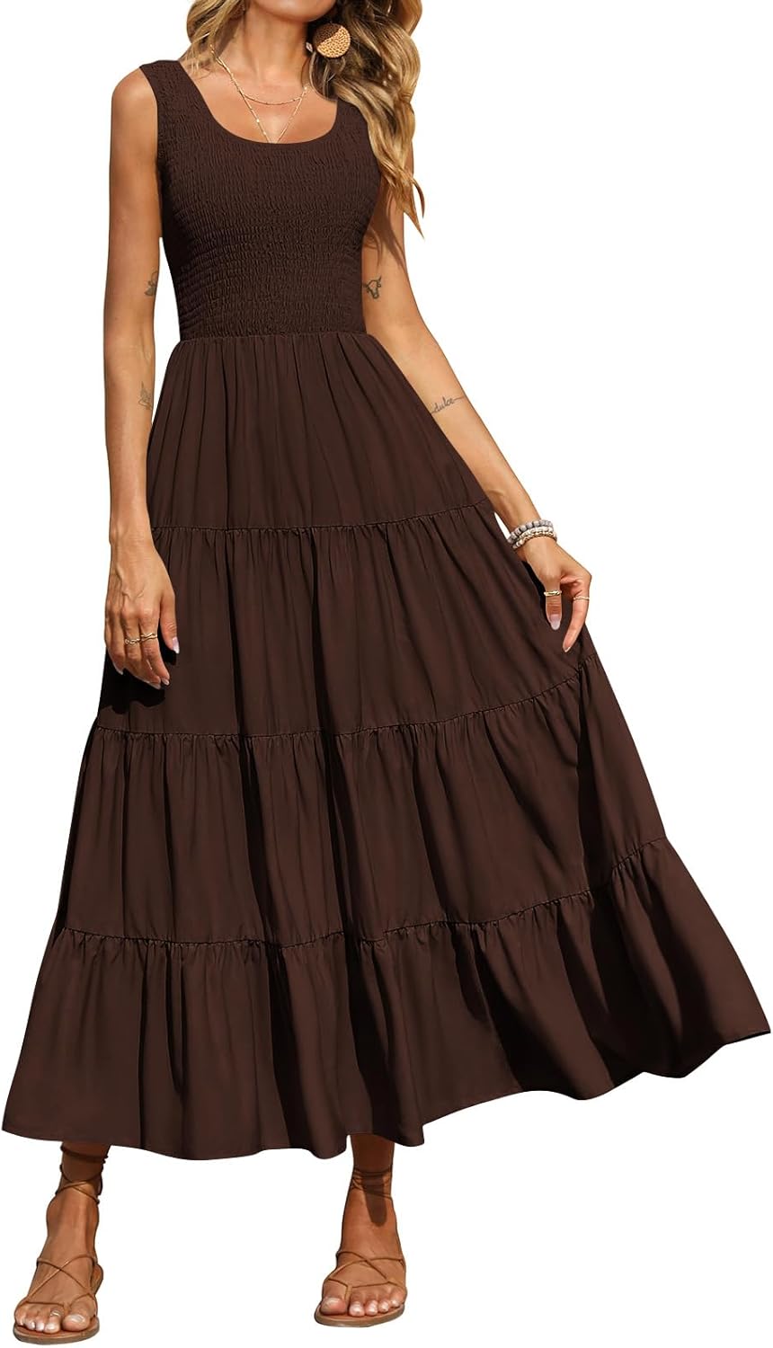 PRETTYGARDEN Women’s 2025 Casual Loose Plain Maxi Sundress Smocked Tank Dress Sleeveless Summer Beach Tiered Long Dresses