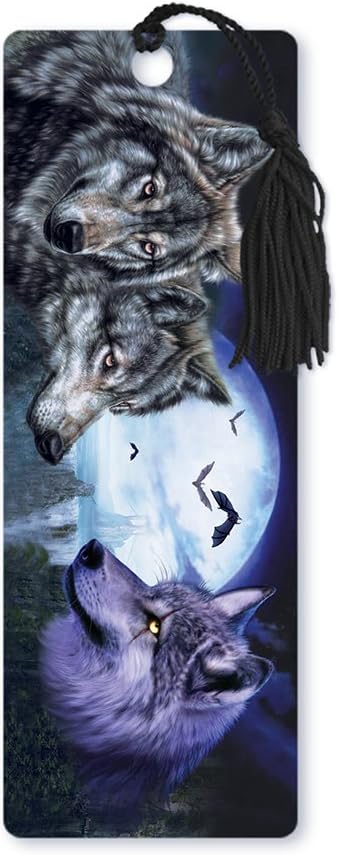 Dimension 9 3D Lenticular Bookmark with Tassel, Wolves Featuring Full Moon Background and Bats (LBM001)