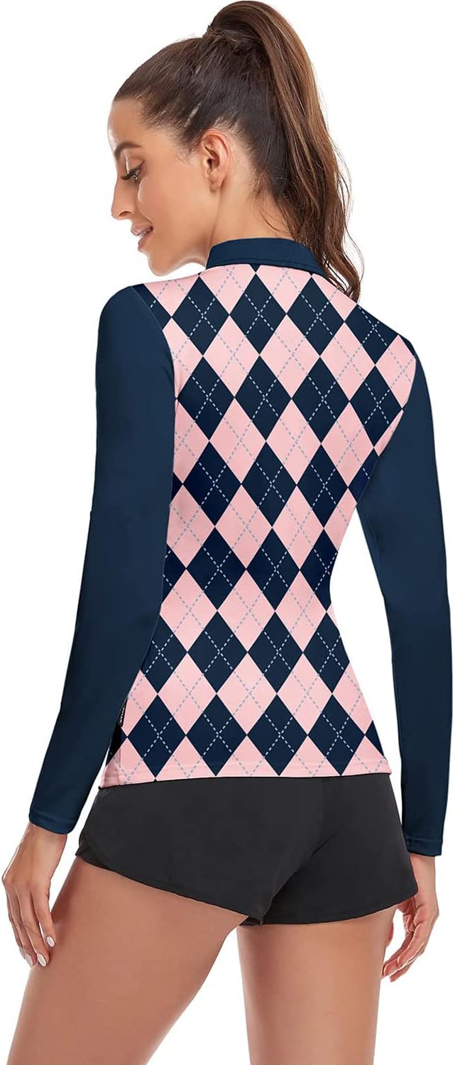Soneven Women's Long Sleeve Golf Polo Shirts Moisture Wicking Quick Dry Half-Zip Pullover Athletic Workout Striped Tops