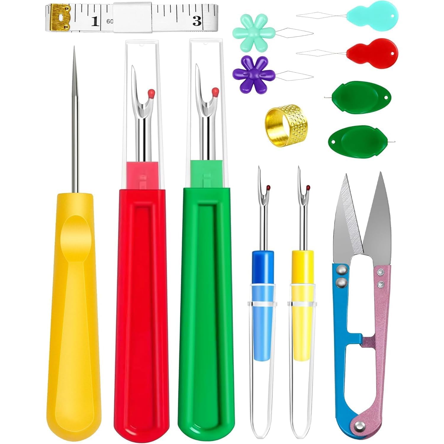 Kjzeex Red Seam Rippers For Sewing, 4 Stitch Remover Tools, Thread Ripper, Embroidery Removal Tool, With Needle Threaders, Thimbles, Tape Measure, Tailors Awl And Thread Snips For Sewing Jobs,Crafting, Diy