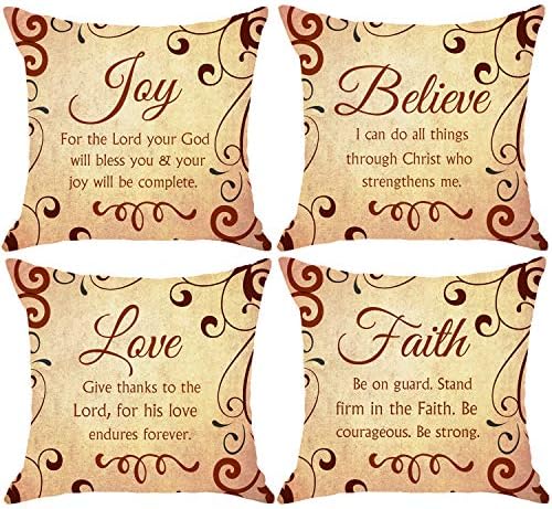 NIDITW Set of 4 Gift Scripture Sayings Joy Love Faith Believe I Can Do All Things Through Christmas Who Strengthen Me Vintage Body Burlap Throw Pillow Case Cover Sofa Decorative Square 18 Inches