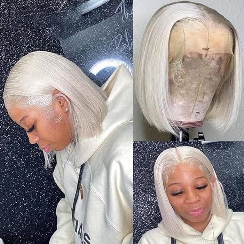 Short Bob Lace Front Wigs Ash White 60# Platinum Blonde Human Hair Hd Transparent 13X4 Lace Wigs For White Women 150% Density Pre Plucked Natural Hairline Glueless Brazilian Hair Wig 12Inch Free Part #TOP5