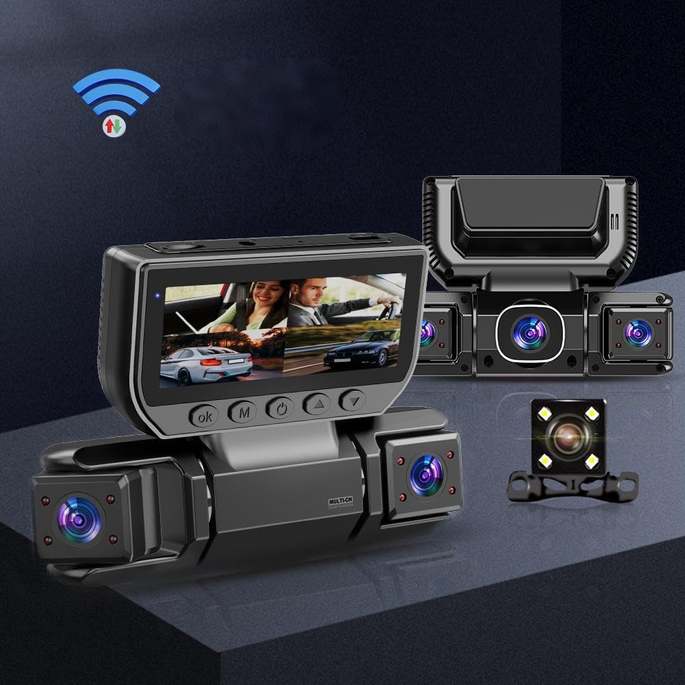 4-Kanal-Dashcam mit WLAN und Nachtsicht,360° All-Around Protection,4-Channel 360° Dash Cam,4 Kanal Dashcam Auto Vorne Hinten Innen Seiten mit Nachtsicht,G-Sensor (64G,Zigarettenanzünder)