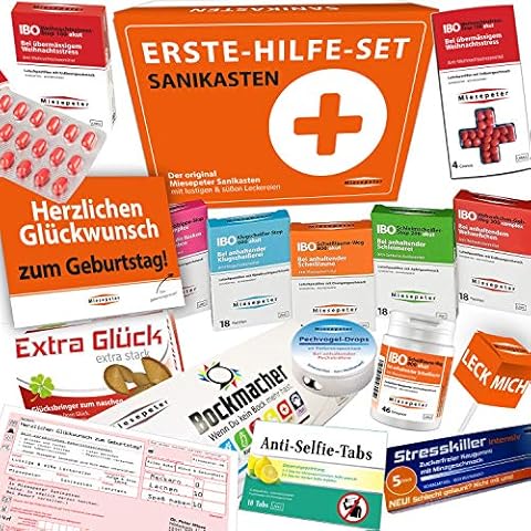 Miesepeter® Sanikasten | ERSTE-HILFE-SET | Geschenkbox, lustiges Geburtstagsgeschenk witziges Geschenkeset | Mit süßen und lustigen Leckereien (Happy Birthday Edition, L) Cover