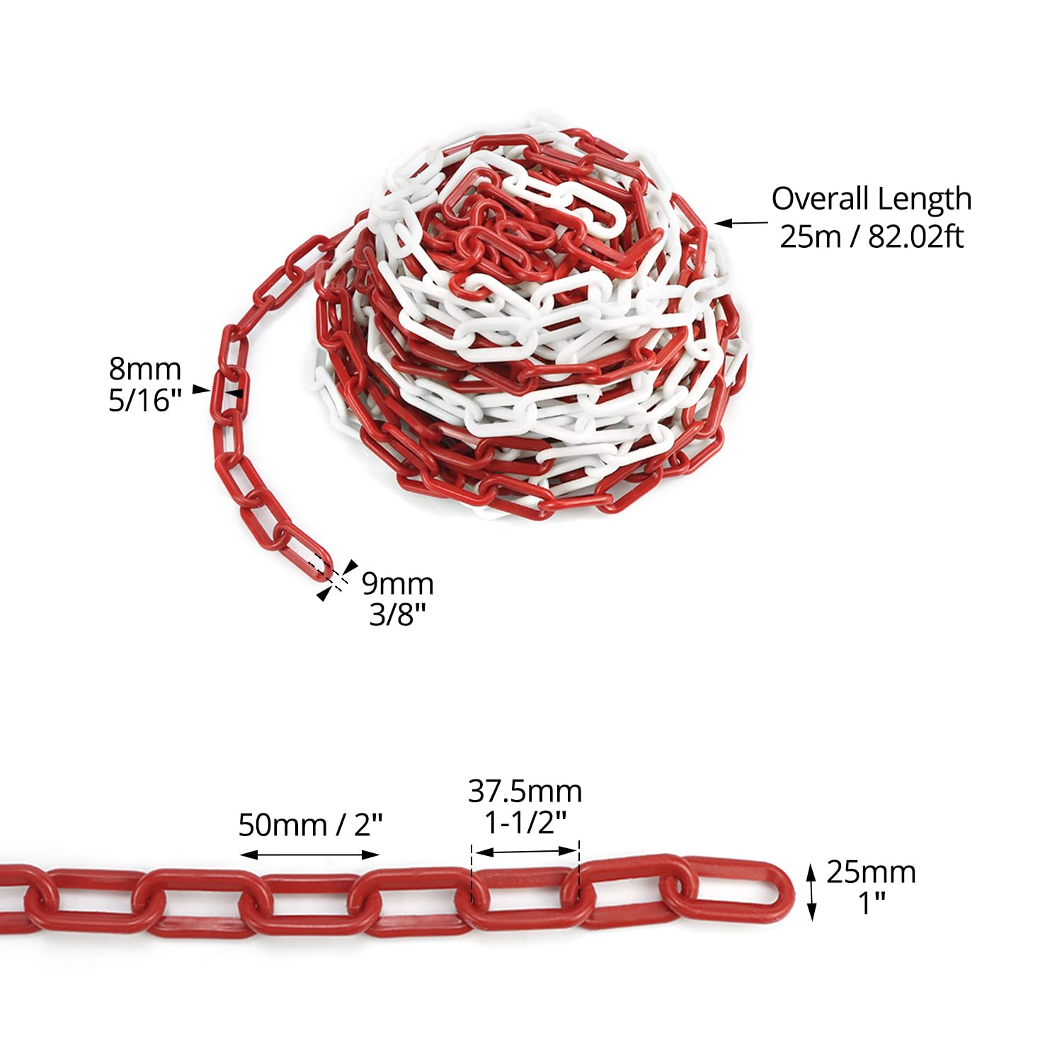 QWORK Cadena barrera de plástico 8mm 25M rojo blanco para aparcamientos