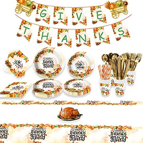 Thanksgiving Plates and Napkins - Thanksgiving Paper Plates Set for 26 Guests, Including Plates(9"), Desert Plates(7"), Napkins, Cups, Knives, Forks, Spoons, Straws, Tablecloth and Banner