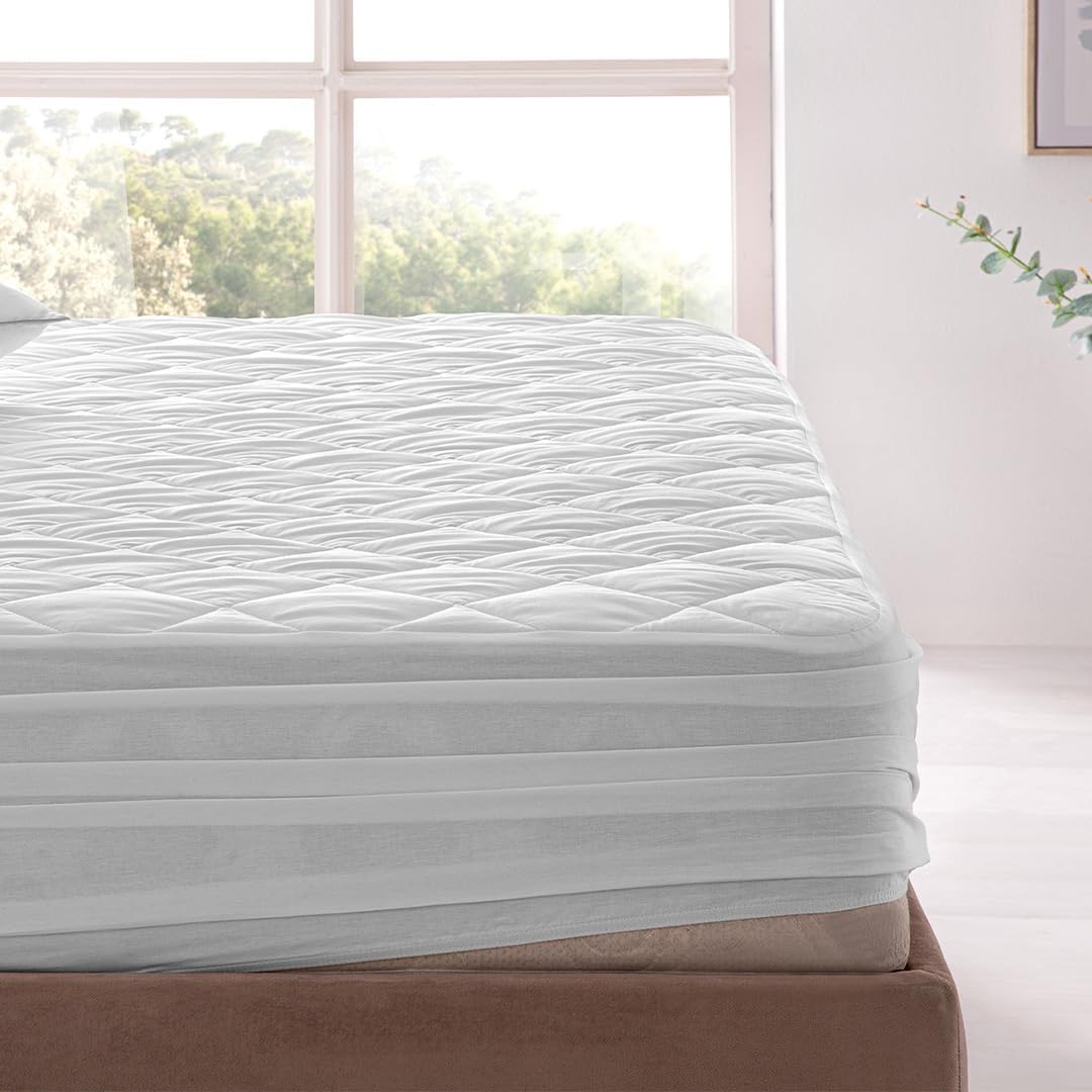 YATAS BEDDING Perle Quilted Fitted Mattress Protector, Machine Washable and Easy Care, Superior Protection and Comfort,100% Cotton Breathable top, White (White, Twin) - 39"x75" - 14" Deep Pocket