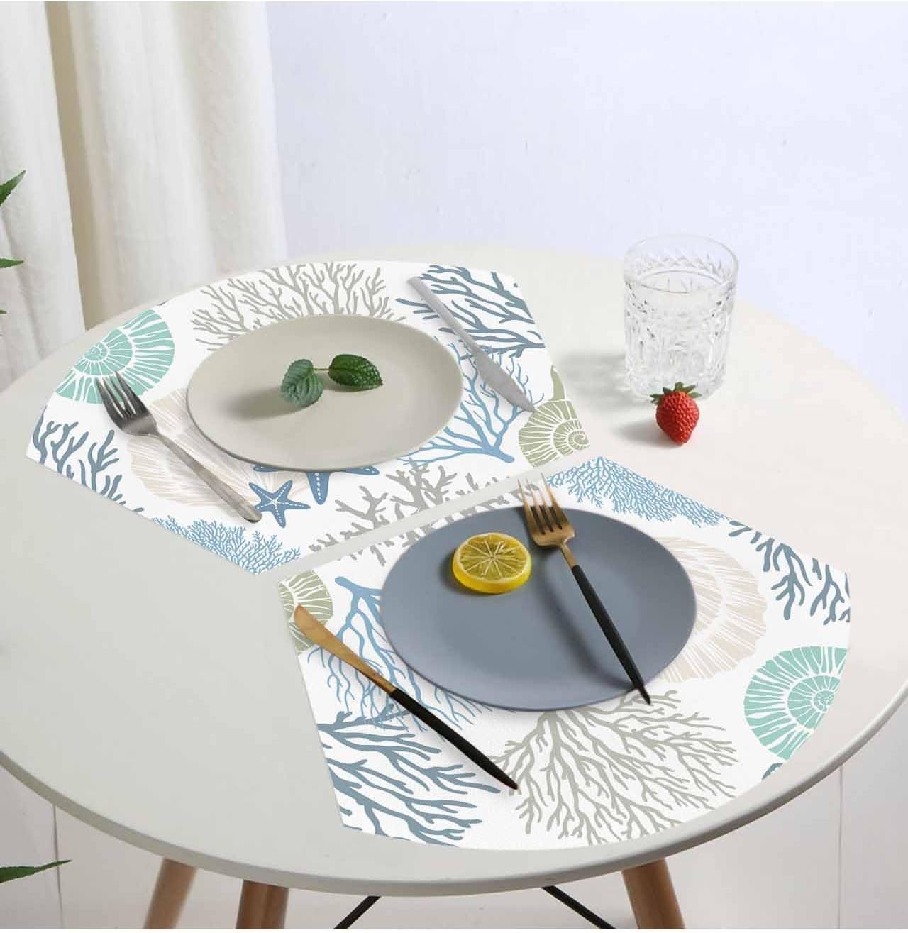 Coastal Round Table Placemats Set of 4 - Summer Beach Coral Blue Teal Sea Nautical Starfish Wedge Decorative Dining Mats for Kitchen, Restaurant - Centerpiece Woven Place Mat