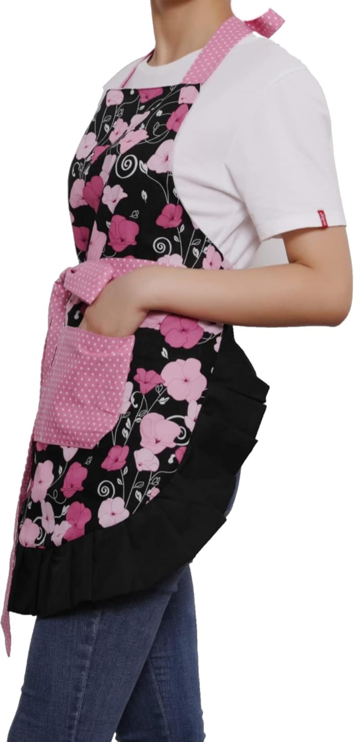 Xiabing Women's Cotton Floral Apron with Pockets, Adjustable Long Ties for Kitchen Cooking, Baking and Gardening