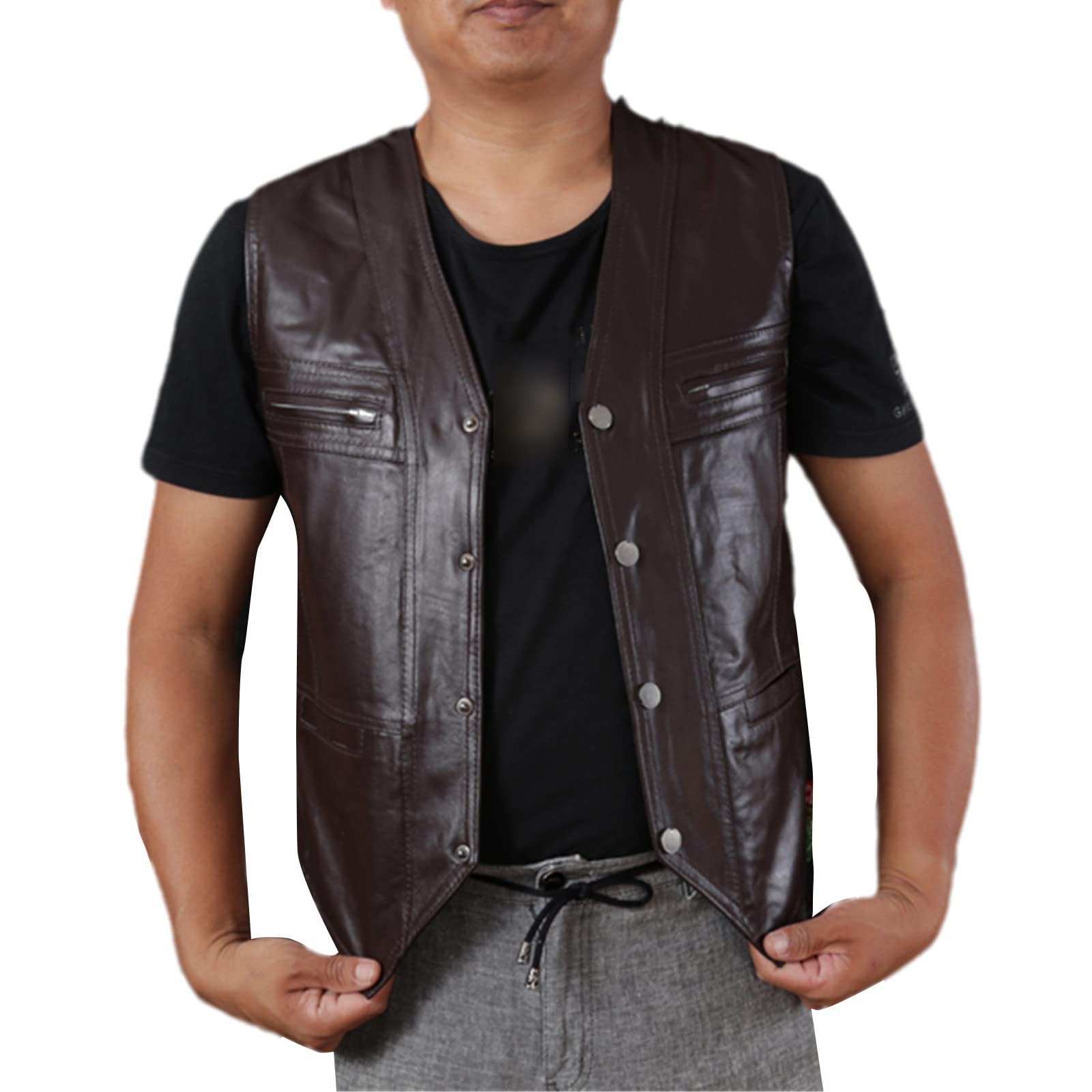 Chaleco de cuero para hombre acabado Premium en marrón oscuro con bolsillos elegantes 6