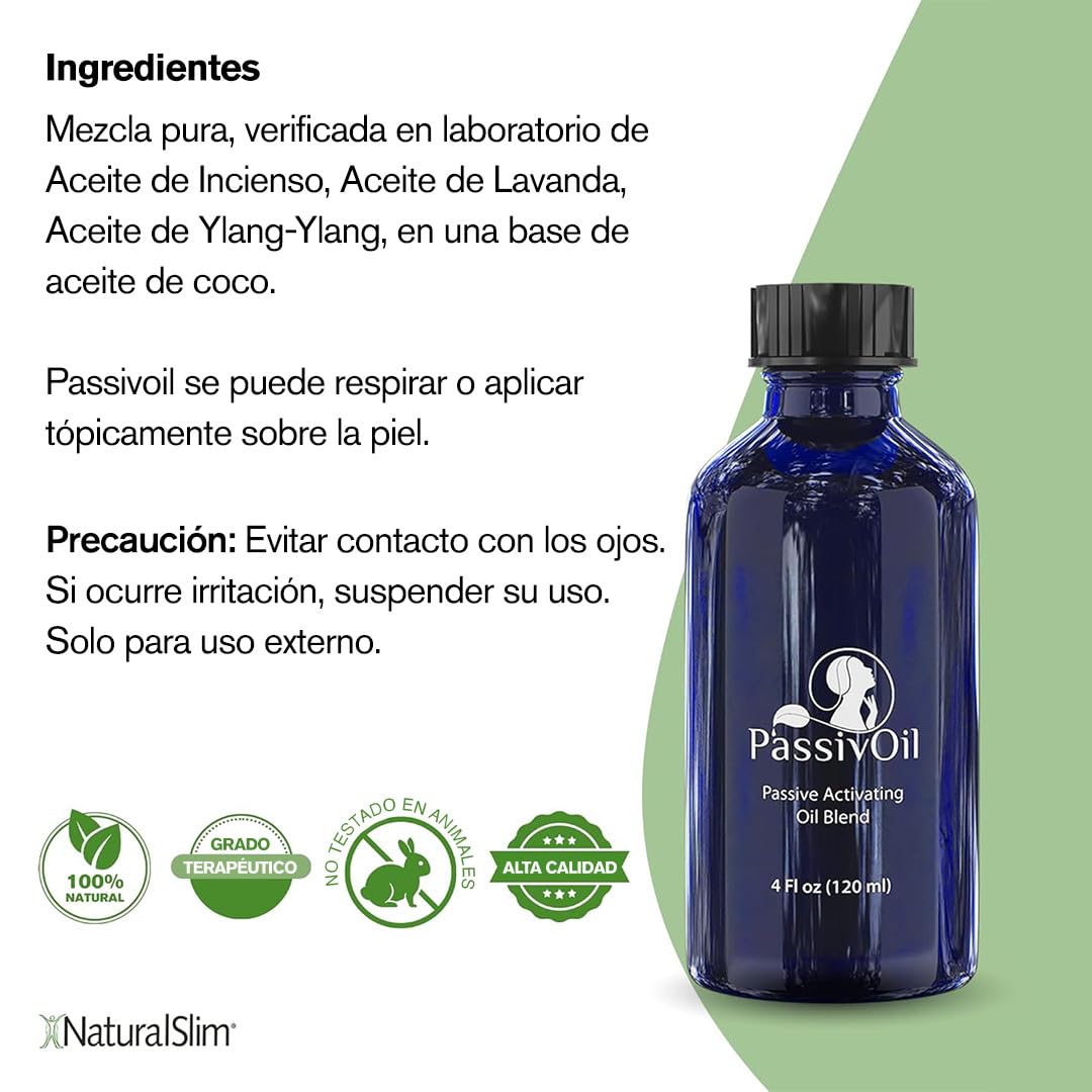 PassivOil - Aceites esenciales para el cuidado de la piel, aromaterapia, relajación y metabolismo - Aceite de grado terapéutico con aceite de coco, aceite de resina de incienso y ylang-ylang - 120 ml | Se puede extender o masajear sobre la piel como un ac