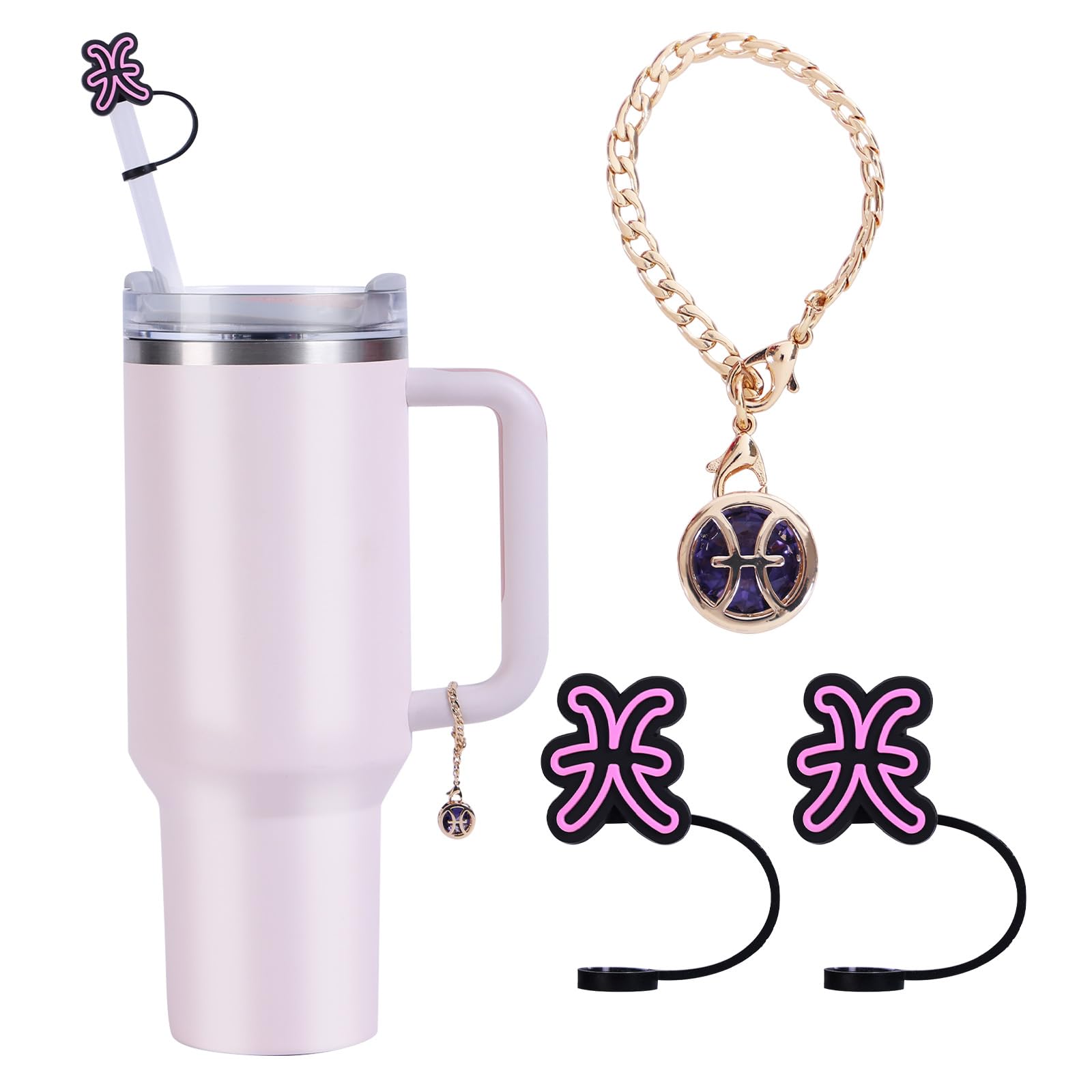 （2+1）2PCS Constellation Straw Cover for Stanley Cup 30&40 Oz 10mm Straw Topper with 1PCS Stanley Cup zircon Accessories Constellation Charms Handle