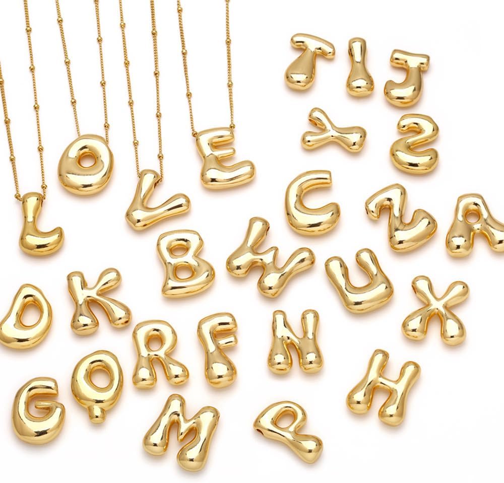Gold Bubble Letter Necklaces for Women, 14K Real Gold Plated Brass Cute Chunky A-Z Initial Pendants, Dainty Charm Necklace for Women - Image 7