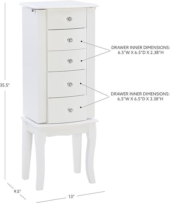 Powell Furniture Jewelry Armoire, White, 13x 9.375x 35.5