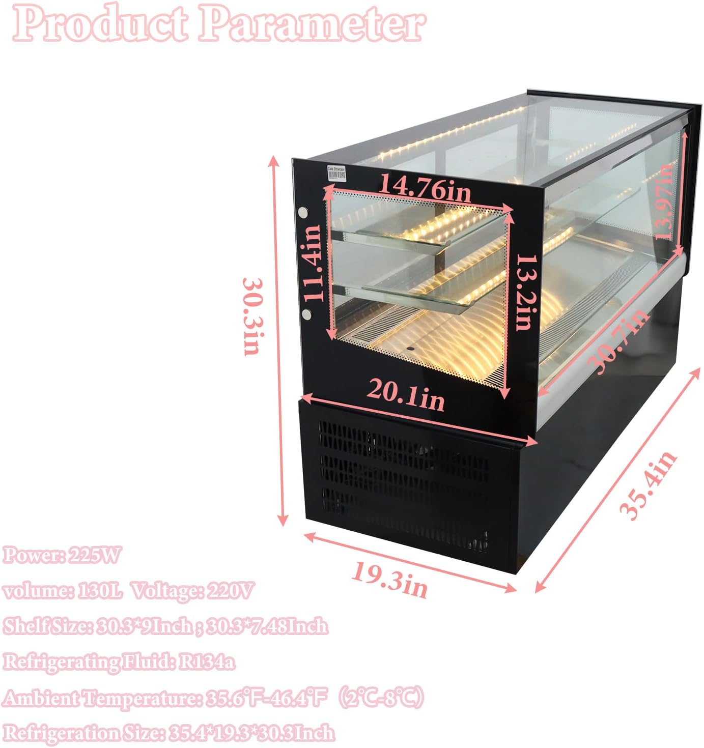 220V 225W Commercial Cake Display Case 130L Curved Glass Cake Fridge Showcase with LED Light and Defogger for Bakery Cafe
