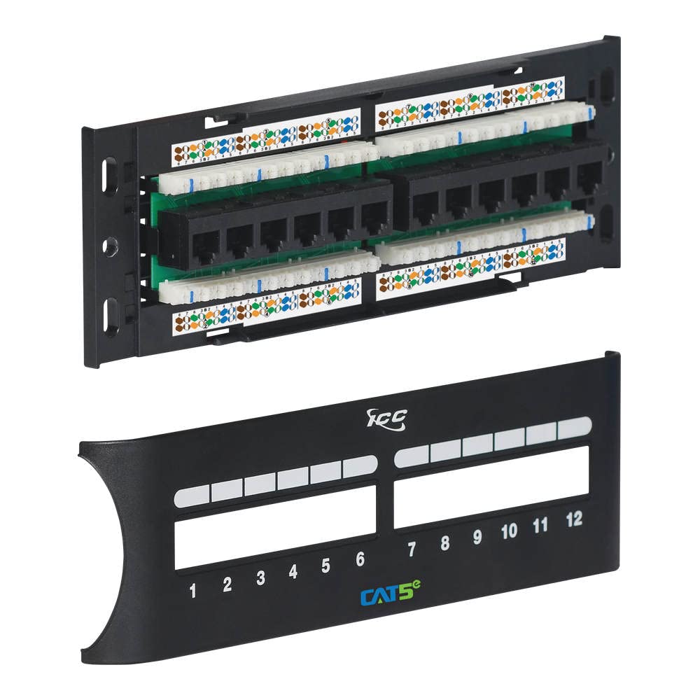 ICC CAT5e Patch Panel, UL Listed & PoE++ Rated Gigabit Applications, Wall Mount 12 Port Network Patch Panel with Front 110 IDC Terminal Blocks and