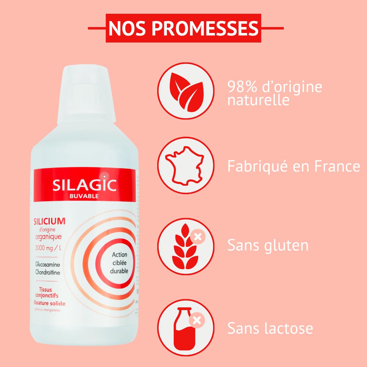 Silagic - Silicium Organique, Glucosamine & Chondroïtine - Enrichi en Manganèse - Articulations sensibles - Maintien Tendons & Cartilages - Fabriqué en France - Buvable 1L