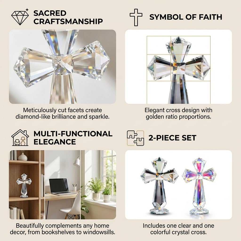 2PS 6 Inch Hand-Carved Crystal Cross Desk Decor Spiritual Christians Clear K9 Crystal Religious Figurine with 360° Faceted Design Home Altar & Office Inspirational Ornament - Transparent & Multicolore