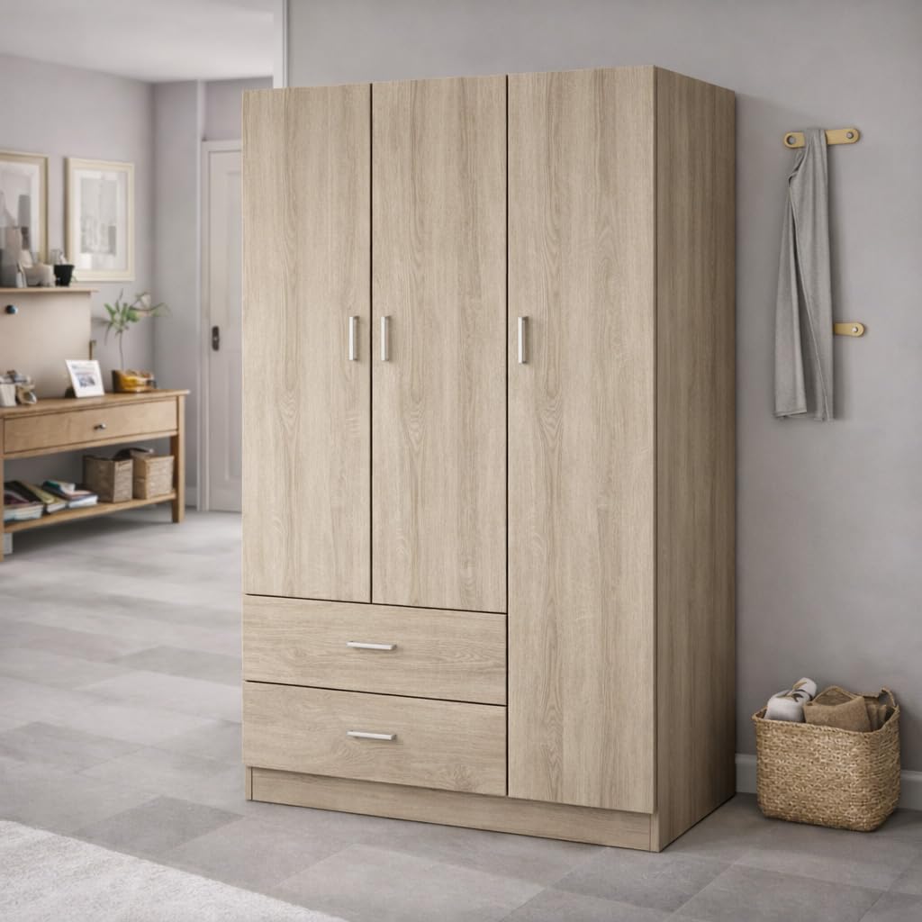 Armadio Guardaroba - 3 Ante, 2 Cassetti, Ripiani, Appendiabiti Alto, Maniglie, Struttura in Legno Truciolare, Spazioso, Salvaspazio, Cabina Armadio Grande - 120 x 52 x 190 cm (Rovere)
