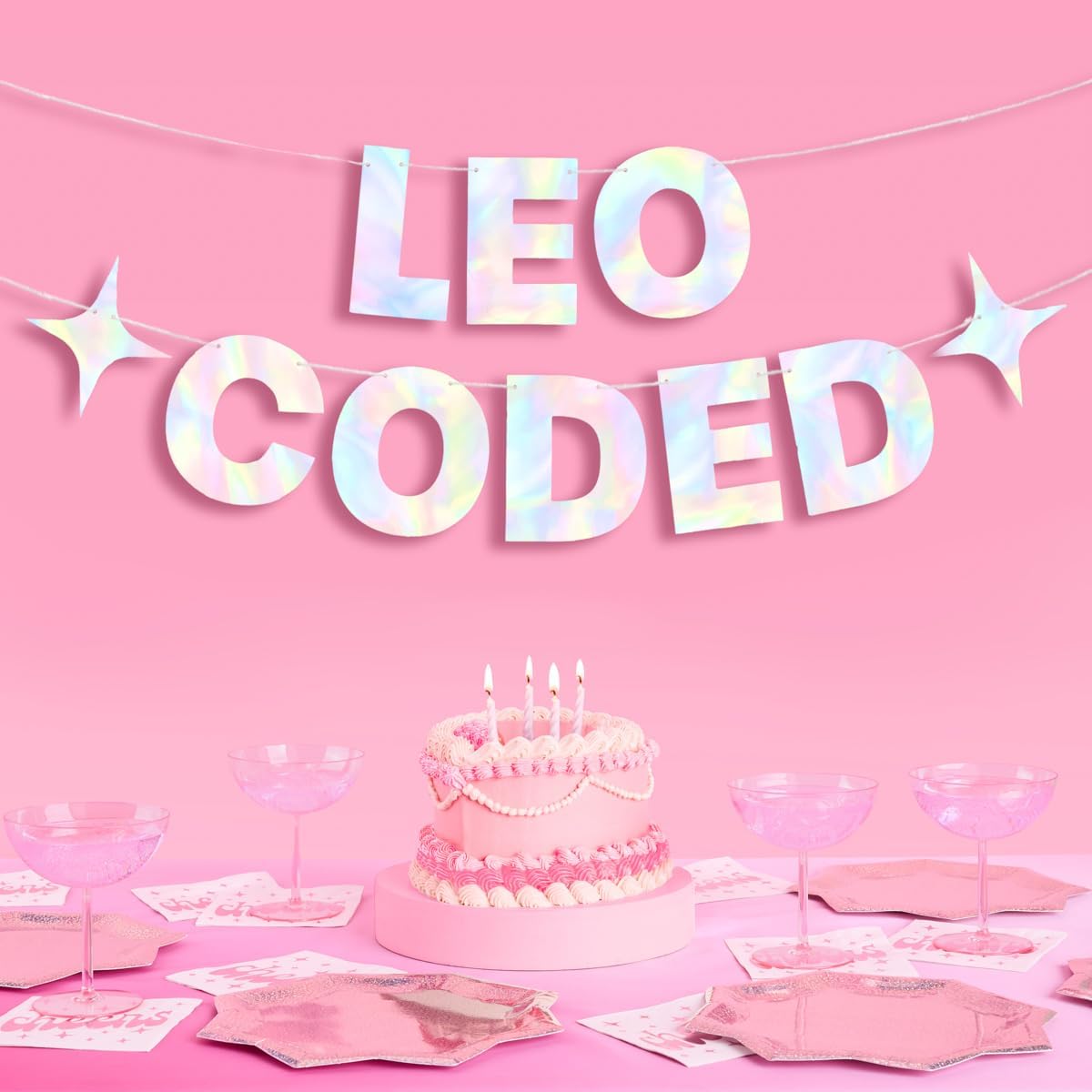 xo, Fetti Leo Coded Banner - Iridescent Foil | 6 Ft. | Zodiac Birthday Sign, Horoscope Bachelorette Party Background, Astrology Bday Decorations