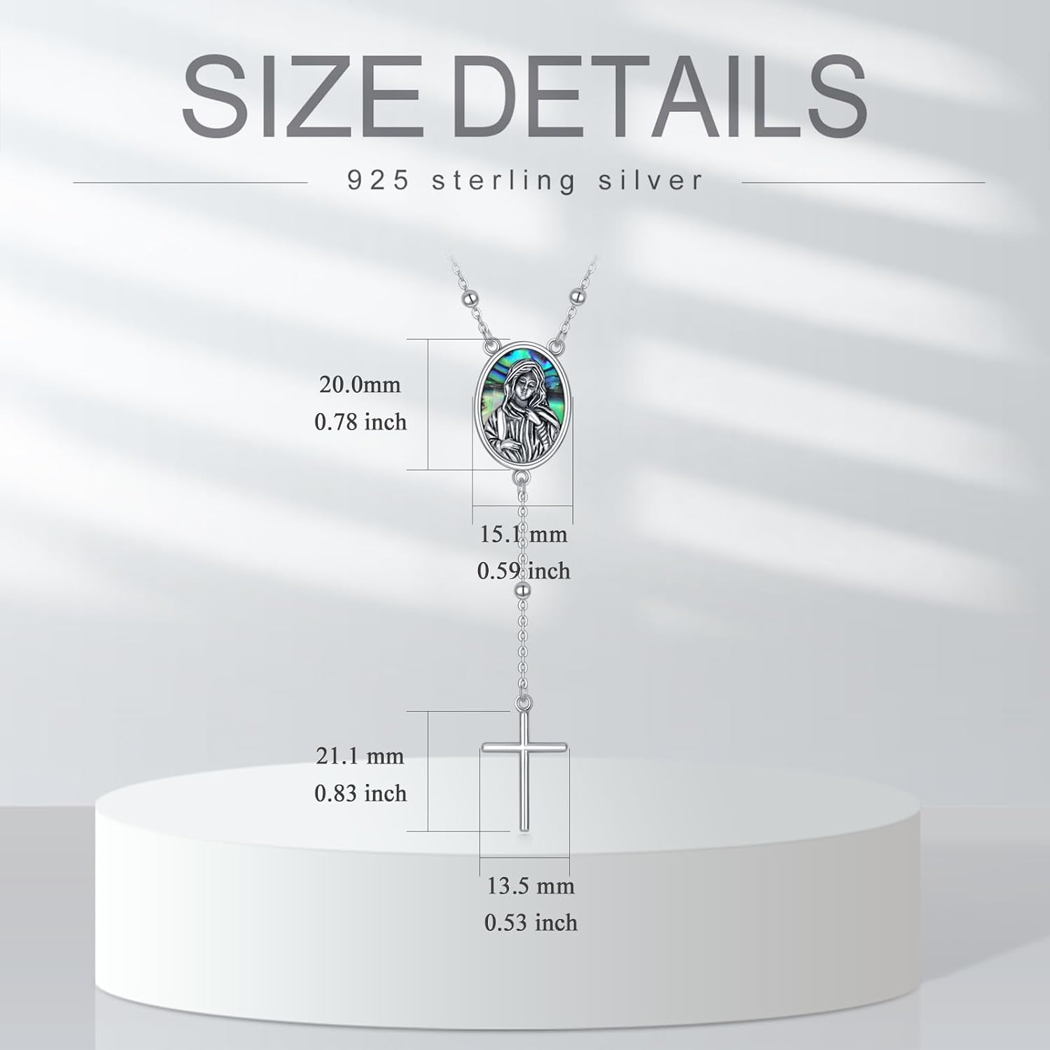 KQF Virgin Mary Necklace for Women 925 Sterling Silver Cross Pendant Y Necklace Abalone Shell Religious Jewelry Gift