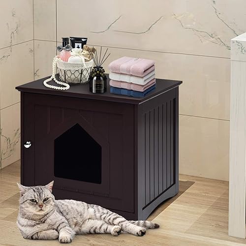 Miniatura 9 de Tangkula Caja de arena para gatos, muebles ocultos, mesita de noche para mascotas con puerta magnética, casa decorativa para gatos, baño interior