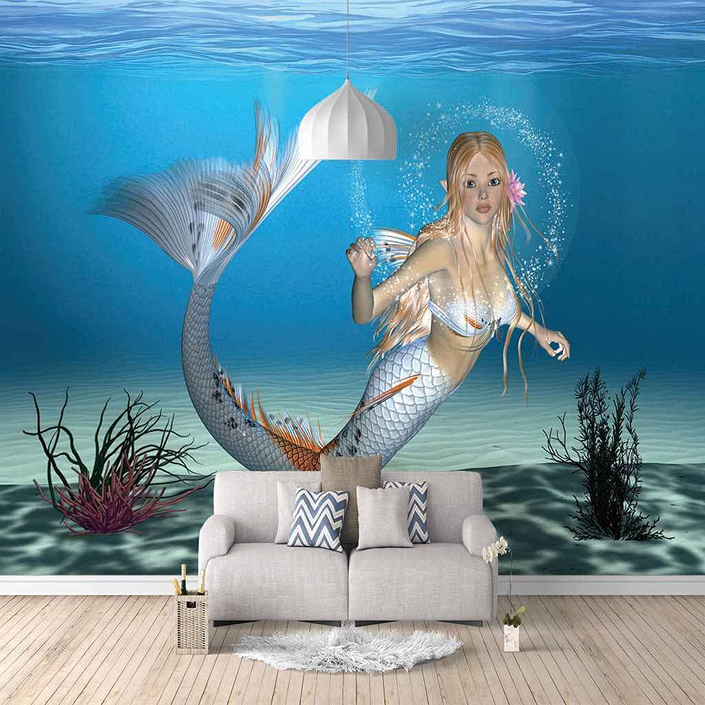Papier Peint Sirène Bleu 350x256 cm HD Grand Format pour Chambre Enfant Autocollant