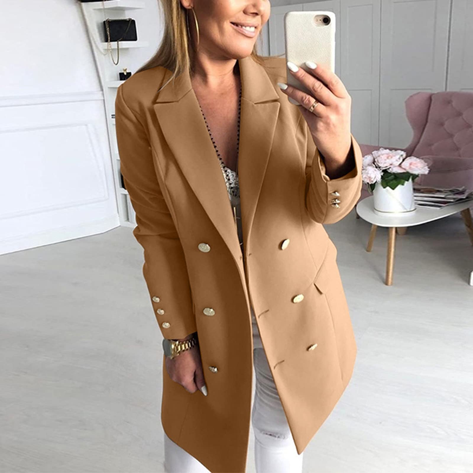 Chaqueta Mujer Invierno Abrigos De Cazadora Forro Polar，Abrigo femenino doble botonadura solapa lana manga larga corte ajustado informal elegante chaqueta invierno cálida clásica
