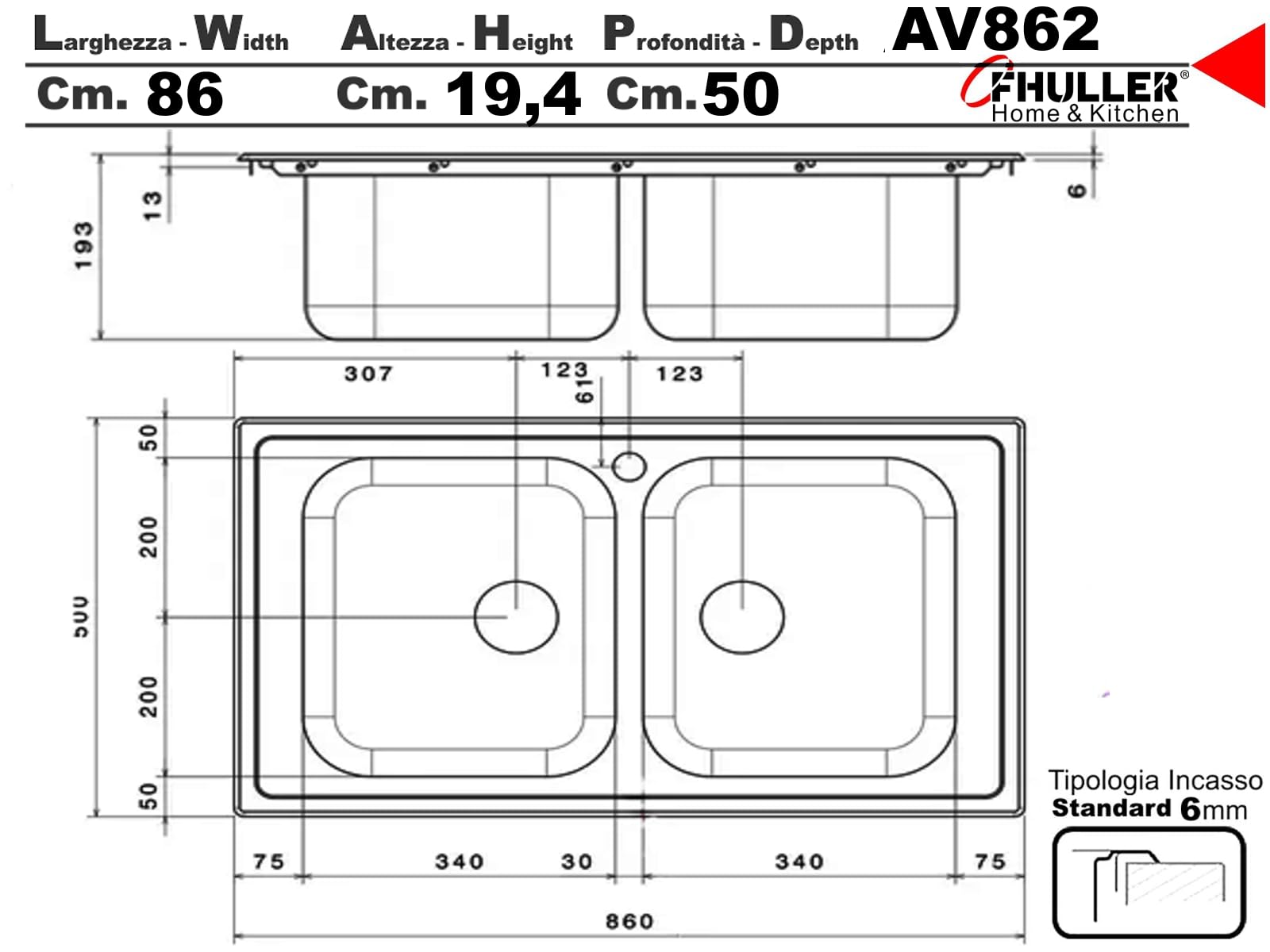 AV862IBC ● Lavello FHULLER Incasso Cucina Anniversario 86X50 2 Vasche 34X40, Spessore Acciaio 7/10 con Vasche Profonde H 19,4 Realizzato in Acciaio Spazzolato Made in Italy