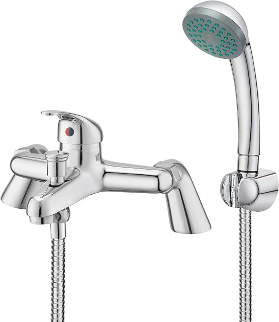BATHWEST Modern Bathroom Shower Mixer Taps with Shower Head Chrome Single Lever Deck Mount Monobloc Bathroom Tub Filler Taps Solid Brass Free UK Standard Fitting Included