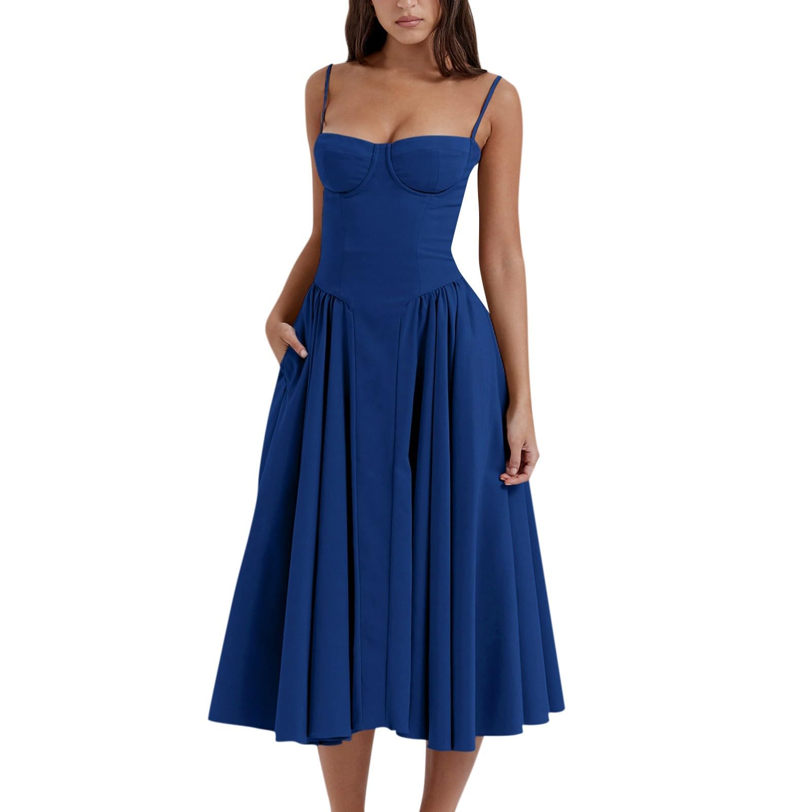 Sleeveless Corset Fit Midi Dress Spaghetti Strap Bustier Midi Dress Trendy A Line Dress with Pocket