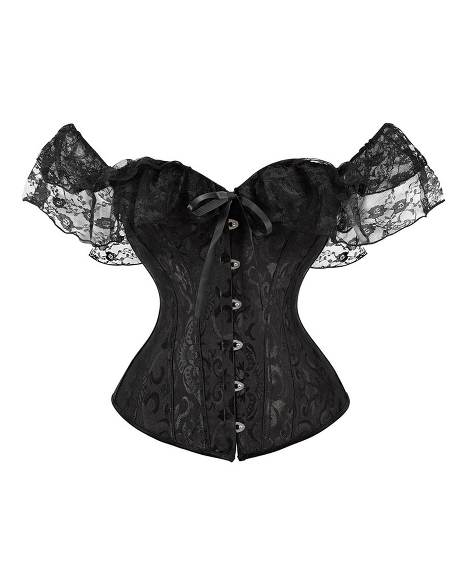 Acrawnni Women's Floral Lace Corset Off Shoulder Bustier Waist Shaping Slim Fishbone Overbust Corset Lace Up Bodyshaper Lingerie Top (B-Black, 2XL)